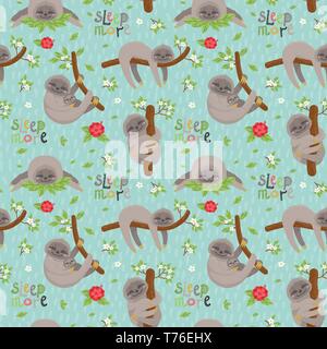 Seamless pattern with cute sloths sleeping on tropical lianas branches. Vector illustration for your design Stock Vector