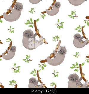Seamless pattern with cute sloths on tropical lianas branches. Vector illustration for your design Stock Vector