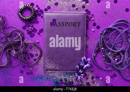 Composition with different items in purple colors Stock Photo