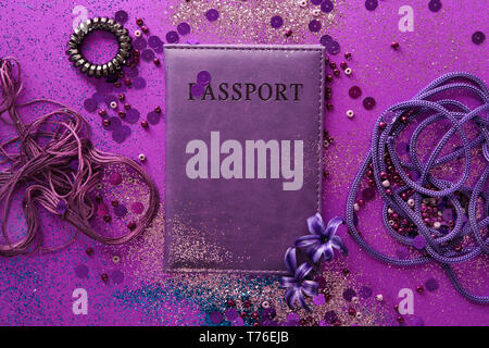 Composition with different items in purple colors Stock Photo
