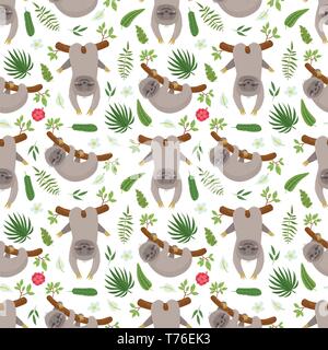 Seamless pattern with cute sloths sleeping on tropical lianas branches. Vector illustration for print for clothes, wallpaper, textile and greeting car Stock Vector