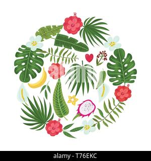 Bright wreath of colorful tropical leaves and flowers. Concept of the jungle for the design of invitations, greeting cards and wallpapers Stock Vector