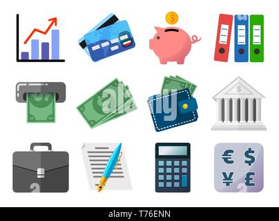 Set of flat icons, business, finances, money and payment concept, analysis and stats, credit plastic card, piggy bank, calculator, loan agreement or Stock Vector