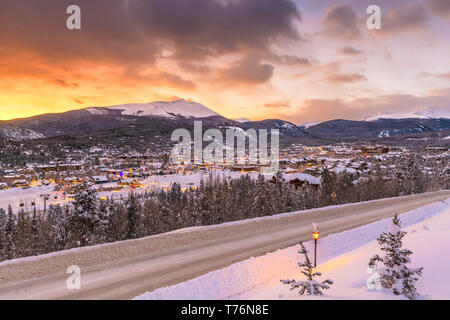 Breckenridge, Colorado, USA town skyline in winter at dawn. Stock Photo