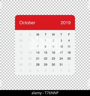 Calendar October 2019 Clean Minimal Table Simple Design. Basic Grid with a light grey background. Week Starts on Monday. Stock Vector