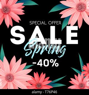 Spring sale banner, special offer, advertising with pink flowers Stock Vector
