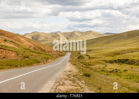 asphalt road Darkhan-Ulaanbaatar in Mongolia, Asian Highway, Mongolia Stock Photo