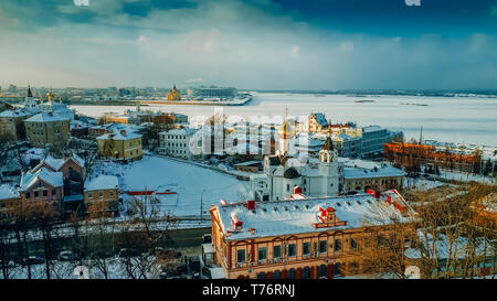 Russian winter landscape with a view of the confluence of the Oka and Volga rivers and cathedrals in Nizhny Novgorod Stock Photo
