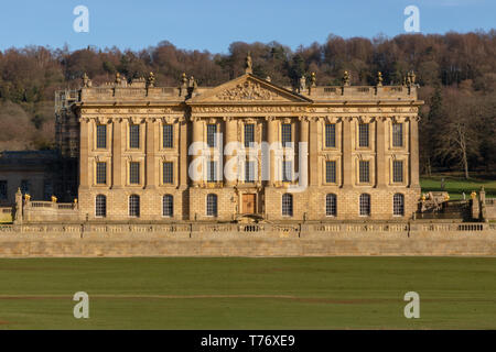 Chatsworth House, Derbyshire, an English Baroque Italianate style stately home viewed from the front Stock Photo