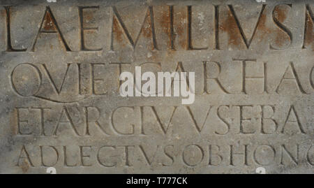Lintel of the Roman theater of the city, in honor of the aedil Lucius Aemilius Rectus who financed the reform of the same one. Detail. Late 1st century-early 2nd century AD. Marble. From Carthago Nova (Cartagena, Region of Murcia, Spain). National Archaeological Museum. Madrid. Spain. Stock Photo