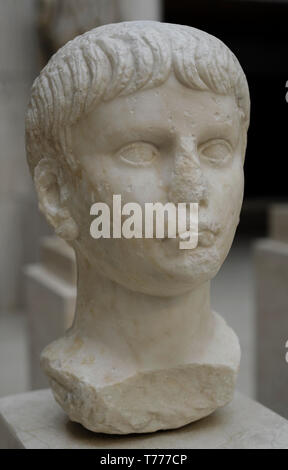 Nero (37-68 AD). Roman emperor. Julio-Claudian dynasty. Bust of Nero as a child. 50-54 AD. Marble. National Archaeological Museum. Madrid. Spain. Stock Photo