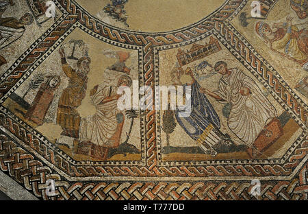 Mosaic of the Nine Muses. It depictis the Muses accompanied by great masters of the arts. Detail. 4th century AD. From Arellano (Navarre, Spain). National Archaeological Museum. Madrid. Spain. Stock Photo