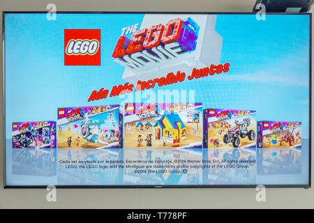 Cartagena Colombia,TV television monitor screen flat screen,ad advertising advertisement advertisement,toy,Lego Movie,Spanish language,visitors travel Stock Photo