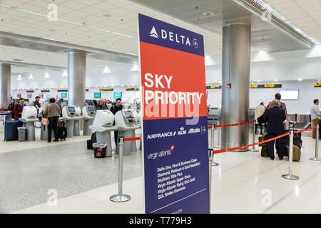 Miami Florida,International Airport MIA inside,terminal,Delta Airlines,sky priority service line sign,self-service check-in kiosks,FL190125002 Stock Photo