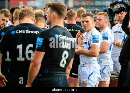 London, UK. 04th May, 2019. 4th May 2019, Allianz Park, London, England; Gallagher Premiership, Saracens vs Exeter Chiefs ; Credit: Georgie Kerr/News Images Credit: News Images /Alamy Live News Stock Photo