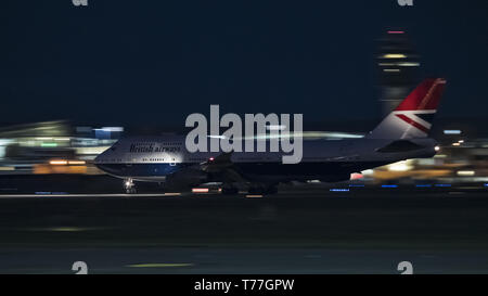 Richmond, British Columbia, Canada. 26th Apr, 2019. A British Airways Boeing 747-400 (G-CIVB) wide-body jetliner, painted in ''Negus'' retro livery, takes off from Vancouver International Airport on an overnight flight to London's Heathrow Airport. Credit: Bayne Stanley/ZUMA Wire/Alamy Live News Stock Photo