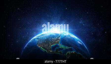 Sunrise In The Space - Blue Earth With City Lights - Usa elements of this image furnished by NASA - 3d Rendering