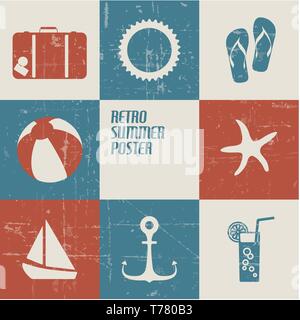 Vector summer poster made from icons - retro blue and red version Stock Vector