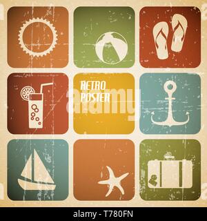 Vector summer poster made from icons - retro color version Stock Vector
