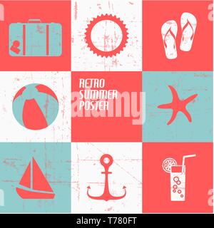 Vector summer poster made from icons - retro blue and red version Stock Vector