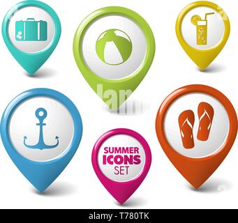 Set of summer holiday vector round 3D pointers Stock Vector