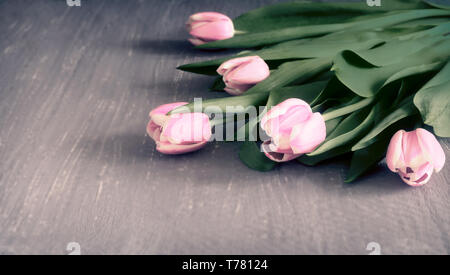 Beautiful pink tulips with green leaves on the table surface Stock Photo