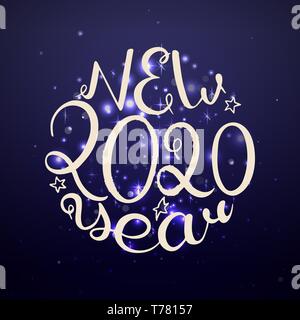2020 New Year. Handwritten text. Vector illustration. Glow blue background Stock Vector