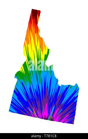 Idaho (United States of America, USA, U.S., US) -  map is designed rainbow abstract colorful pattern, State of Idaho map made of color explosion, Stock Vector