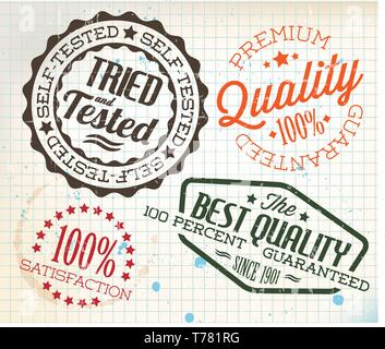 Vector retro teal vintage stamps for quality on old squared paper Stock Vector