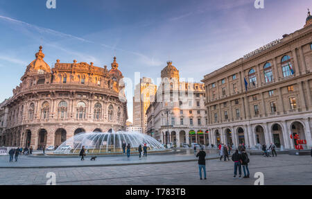 Genova, Genoa, Italy: Piazza De Ferrari main square of Genoa, renowned for its fountain, stock exchange building (Borsa), Credito Italiano Stock Photo