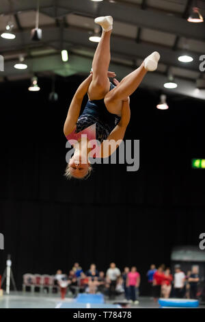 Telford, England, UK. 27 April, 2018. A female gymnast from Spelthorne Gymnastics Club in action during Spring Series 1 at the Telford International Centre, Telford, UK.