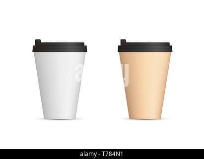 Realistic paper coffee cups with lid front view. Coffee to go blank. Vector illustration isolated on white background Stock Vector