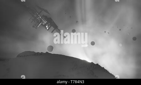 Planets, ISS and the sun in cosmic fog. 3D illustration Stock Photo