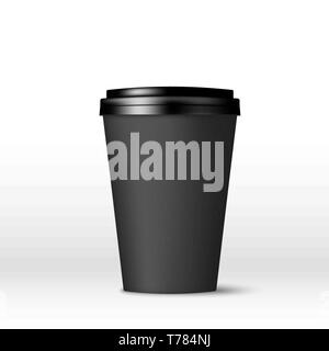 Black paper coffee cup with lid. Coffee to go empty mock up. Vector illustration isolated on white background Stock Vector