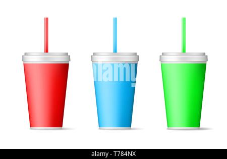 Realistic color papers cup with straw. vector illustration isolated on white background Stock Vector