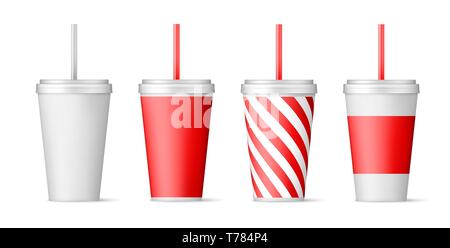 Set of paper cups for soda with straw. vector illustration isolated on white background Stock Vector