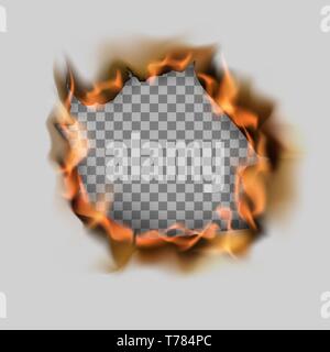 Burning torn hole in paper sheet and flame. Vector illustration on transparent background Stock Vector