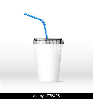 Drink paper cup with blue straw on white background. Vector illustration Stock Vector
