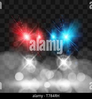 Template of Siren police car. Headlights and flasher red and blue colors. Vector illustration isolated on transparent background Stock Vector