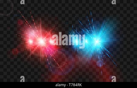 Template flash red and blue light police car siren. Vector illustration isolated on transparent background Stock Vector