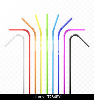 Set of rainbow colorful flexible cocktail straw. Vector illustration isolated on transparent background Stock Vector