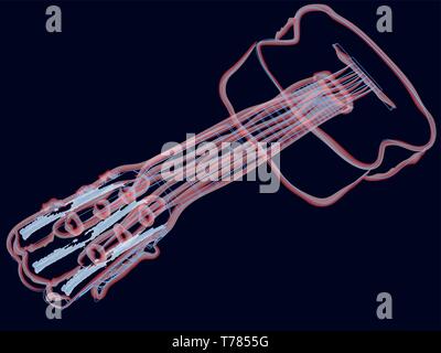 Hand drawn acoustic guitar contour. Guitar made from red neon lines. Vector illustration Stock Vector