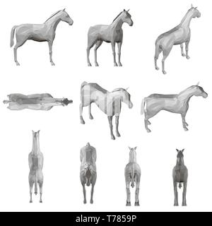 Set with a polygonal horse in different positions. 3D. Vector illustration Stock Vector