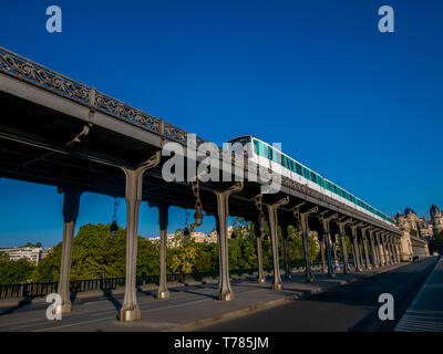 Paris, France - August 19, 2018 : Paris metro running on Pont de Bir Hakeim in Paris, France, a bridge for Metro.Metro is the 2nd largest underground  Stock Photo