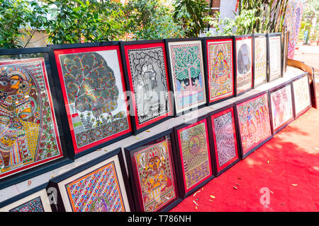 India, New Delhi, 30 Mar 2019 - Market with Madhubani Paintings for selling Stock Photo