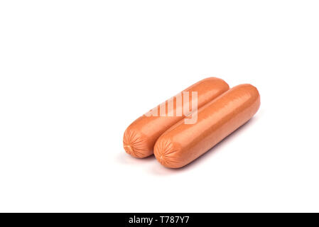 Two fresh boiled sausages isolated on white background. Copy space Stock Photo