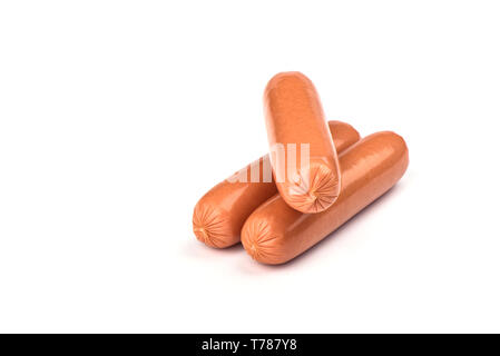 Three fresh boiled sausages isolated on white background. Copy space Stock Photo