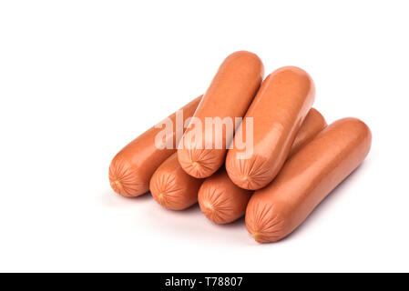 Several fresh boiled sausages isolated on white background. Copy space Stock Photo