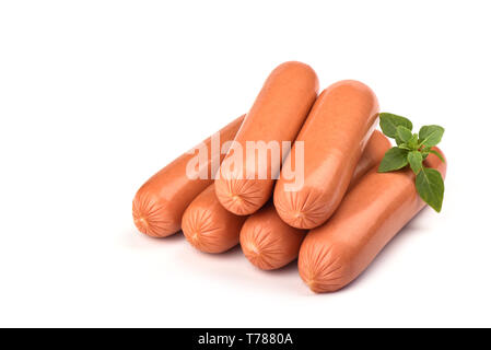 Several fresh boiled sausages with basil isolated on white background. Copy space Stock Photo