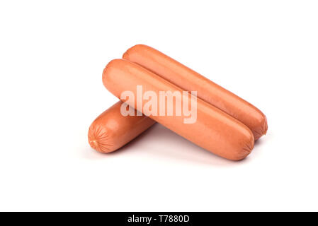 Three fresh boiled sausages isolated on white background. Copy space Stock Photo